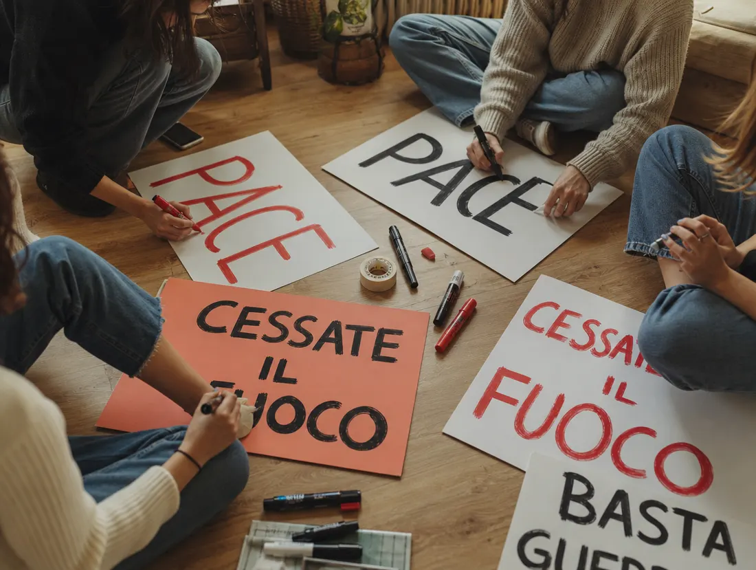 Amici che preparano cartelli per un corteo