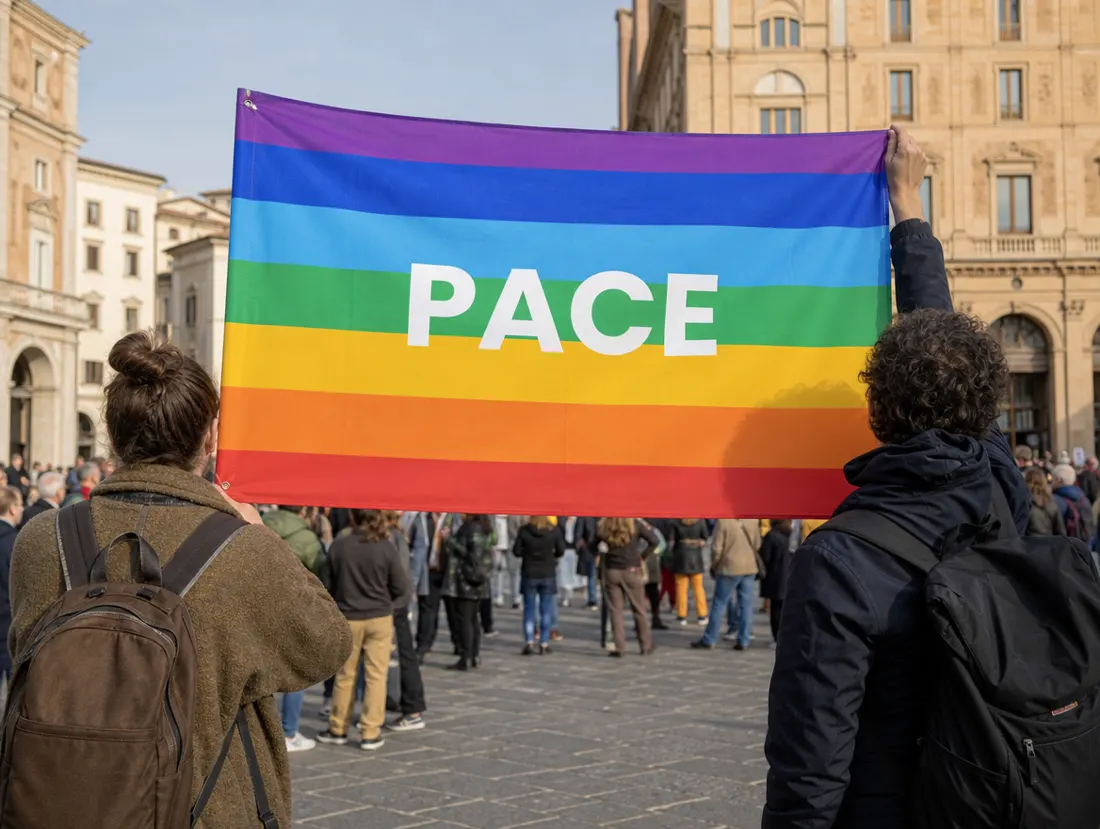 Bandiera della pace PeaceCom in un corteo